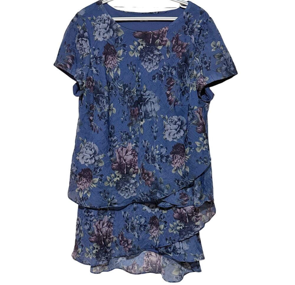 Lady Dorby Womens Vintage Blue Floral Crinkle Chiffon Short Sleeve Skirt Set 22W